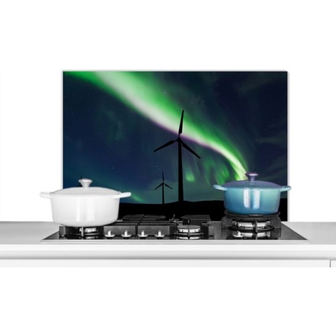 Spatscherm Keuken - Kookplaat Achterwand - Spatwand Fornuis - 90x60 cm - Noorderlicht - Windmolen - Paars - Aluminium - Wanddecoratie - Muurbeschermer - Hittebestendig