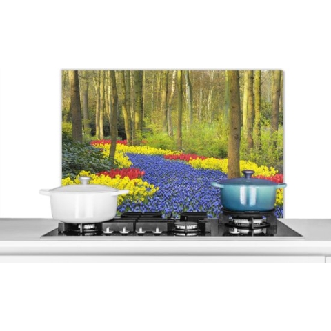 Spatscherm Keuken - Kookplaat Achterwand - Spatwand Fornuis - 90x60 cm - Bloemenpad van tulpen in de Keukenhof - Aluminium - Wanddecoratie - Muurbeschermer - Hittebestendig