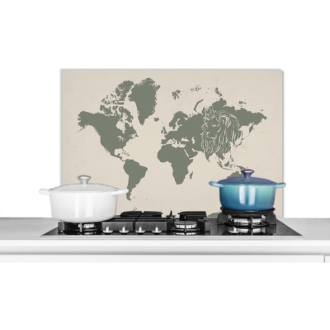 Spatscherm Keuken - Kookplaat Achterwand - Spatwand Fornuis - 90x60 cm - Wereldkaart - Dieren - Leeuw - Aluminium - Wanddecoratie - Muurbeschermer - Hittebestendig