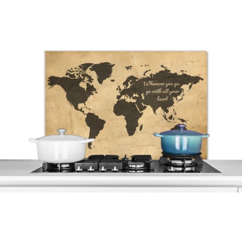 Spatscherm Keuken - Kookplaat Achterwand - Spatwand Fornuis - 80x55 cm - Wereldkaart - Vintage - Quote - Aluminium - Wanddecoratie - Muurbeschermer - Hittebestendig