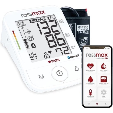Rossmax X5 BT - Bloeddrukmeter Bovenarm Hartstichting - Klinisch Gevalideerd - Hartslagmeter - Bluetooth - Smartphone App - Onregelmatige Hartslag - AFib en PC Detectie - Geheugen - Gemiddelde Ochtend en Avond - 2 Gebruikers en Gastmodus