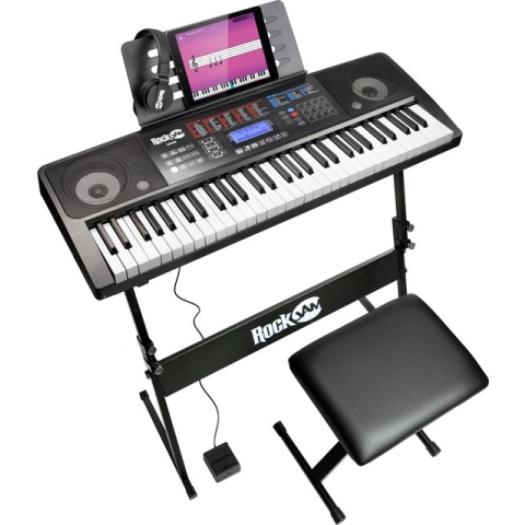 RockJam pianokit met 61 toetsen en keyboardstandaard, pianokruk, sustainpedaal, koptelefoon en lessen.