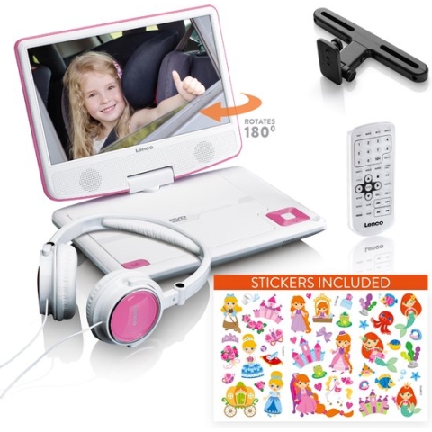 Lenco DVP-920PK - Draagbare DVD-speler met hoofdtelefoon en beugel voor in de auto - Roze/Zwart