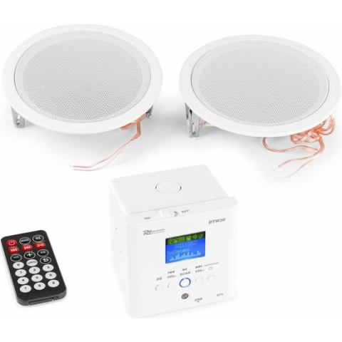 Stereo versterker - Power Dynamics BTW30SET inbouw versterker met Bluetooth, 2x plafond speaker en afstandsbediening - 30W