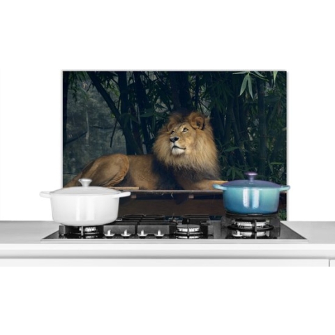 Spatscherm Keuken - Kookplaat Achterwand - Spatwand Fornuis - 90x60 cm - Leeuw - Bos - Wild - Aluminium - Wanddecoratie - Muurbeschermer - Hittebestendig