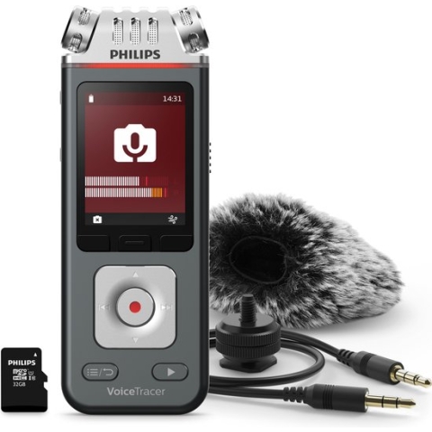 Philips DVT71132 VoiceTracer Audio recorder - 3MIC Stereo MP3/PCM - 24-bits/96 kHz - 8GB - Smartphone app Android/iOS - USB-C - DSLR-camerabevestiging set - incl. micro SD 32 GB kaart