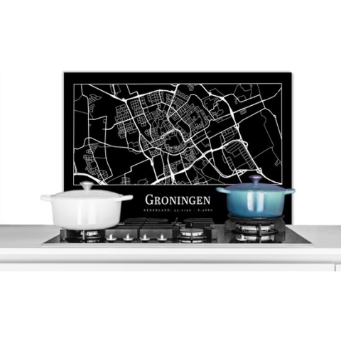 Spatscherm Keuken - Kookplaat Achterwand - Spatwand Fornuis - 90x60 cm - Groningen - Plattegrond - Kaart - Stadskaart - Aluminium - Wanddecoratie - Muurbeschermer - Hittebestendig