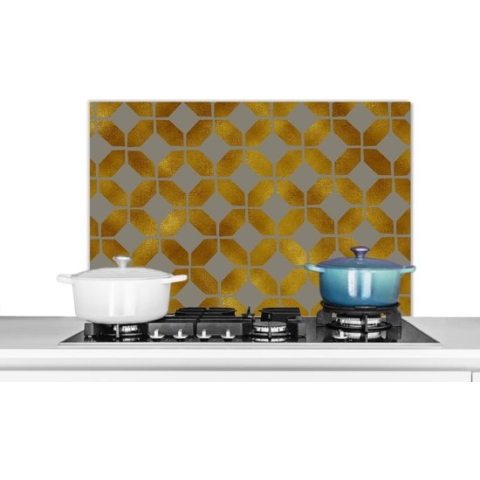 Spatscherm Keuken - Kookplaat Achterwand - Spatwand Fornuis - 90x60 cm - Patronen - Goud - Figuur - Grijs - Aluminium - Wanddecoratie - Muurbeschermer - Hittebestendig