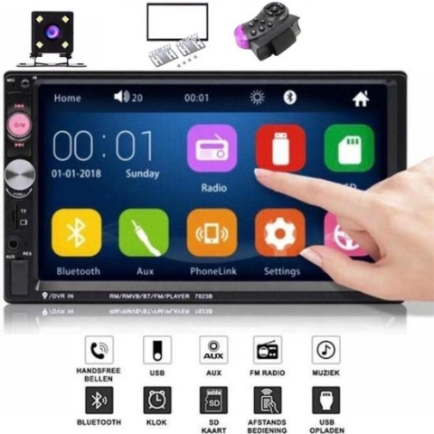 Universele Autoradio met Bluetooth, USB & Aux - Handsfree - Mirrorlink - Radio met Microfoon - 4 Led achteruitrijcamera