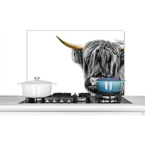 Spatscherm Keuken - Kookplaat Achterwand - Spatwand Fornuis - 90x60 cm - Schotse hooglander - Wit - Black & gold - Aluminium - Wanddecoratie - Muurbeschermer - Hittebestendig