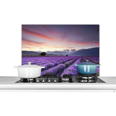 Spatscherm Keuken - Kookplaat Achterwand - Spatwand Fornuis - 90x60 cm - Een prachtig lavendelveld bij zonsondergang - Aluminium - Wanddecoratie - Muurbeschermer - Hittebestendig