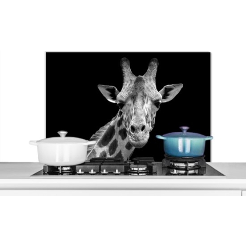 Spatscherm Keuken - Kookplaat Achterwand - Spatwand Fornuis - 90x60 cm - Giraffe - Wilde dieren - Zwart - Wit - Portret - Aluminium - Wanddecoratie - Muurbeschermer - Hittebestendig