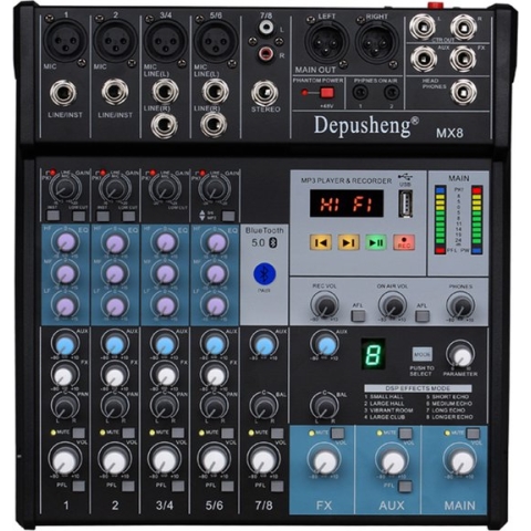 MX8 Professionele audiomixer Console geluidskaart 8-kanaals DJ-controller Audiomixer met 3-bands equalizer, USB, Bluetooth, 48V, ideaal voor live streaming