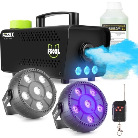 Partyset met Fuzzix F503L Rookmachine - 1L Rookvloeistof - 1x Strobo en 1x Blacklight op accu