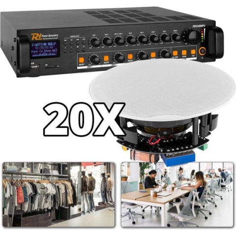 Geluidsinstallatie - Power Dynamics - 100V geluidsinstallatie met 4 zones en 20 speakers (inbouw) voor kantoor, winkel, etc.