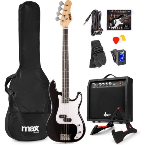 Max Gigkit Basgitaar met 40 Watt versterker - Gitaarstandaard - Gitaartas - Zwart