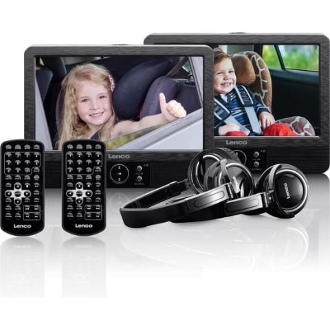 Lenco DVP-939 - 2x9" Portable DVD speler met USB,SD, ingebouwde batterij, 2x hoofdtelefoon en 2x bracket - Zwart