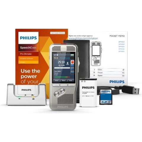 Philips DPM8200/02 Professionele PocketMemo Dicteerapparaat - 4-positie Schuifschakelaar (Phi.) - Docking station - Accessoire set - SpeechExec Pro Dictate - 2-year license