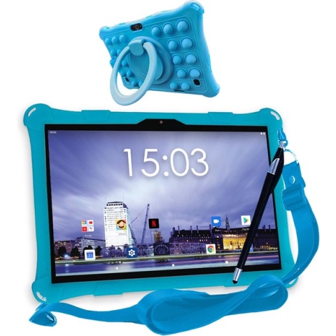 AngelTech Kindertablet XL – 100%Kidsproof – Extra Groot – Vanaf 3 Jaar - Ook Voor Volwassen Gebruik - 3GB RAM - 32 + 64GB – 10 Inch - Android 13 - Ouderlijk Toezicht – Fidgy Beschermhoes – Blauw of Roze