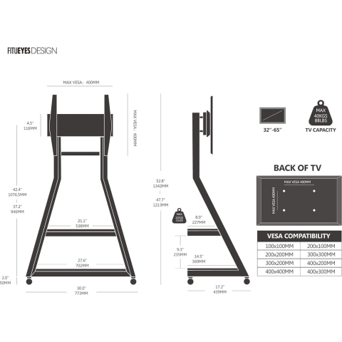 Design mobiele tv-standaard op wielen met 2 planken voor 32 43 55 65 inch vloer tv-standaard art schermhoek ± 15° verstelbare hoogte 946-1076,5 mm max. belasting 40 kg voor thuis, lounge,