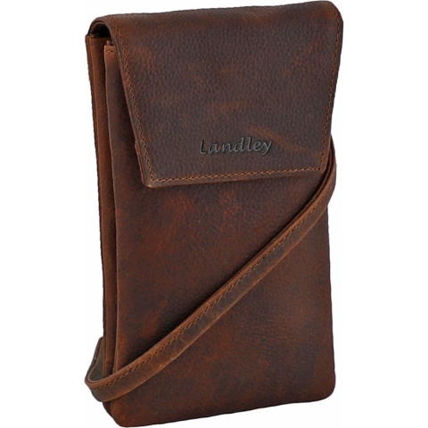 Landley Leren Dames Telefoontasje - Klein Schoudertasje - Phone Wallet - Antique Vintage Leer - Donker Cognac / Bruin