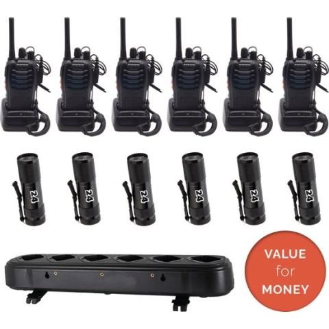Activ24™ Set van 6x Baofeng BF-88E PMR portofoons met 6-voudig laadblok, headsets en 6x Activ24™ zaklampen - Vergunningsvrij - Walkie Talkie - BF88E portofoon