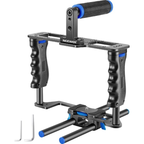 Luxiqo® Camera Stabilisator – Handheld Stabilisator – Camera Statief – Professionele Stabilisator – Beugel – Met Handvat – Zwart/ Blauw
