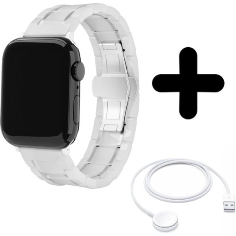Bandje geschikt voor Apple Watch bandje keramiek stalen band (wit/zilver) - Voor modellen: 38/40/41mm Incl. Oplader geschikt voor Apple Watch 1/2/3/4/5/6/7/8/9/Ultra - Oplaadkabel - Kabel