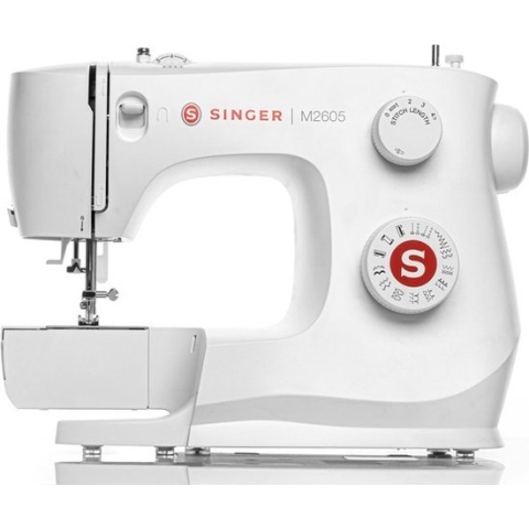 SINGER M2605, Wit, Automatische naaimachine, Naaiwerk, 4 Step, Hefboom, Draaiknop, Elektromechanisch