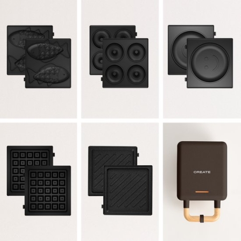 PACK - STONE 2 in 1 COMPACT Wafel en Grill Sandwich Maker + Taiyaki Plaat + Pannenkoek Pannenkoek Plaat + Donuts Plaat - Zwart