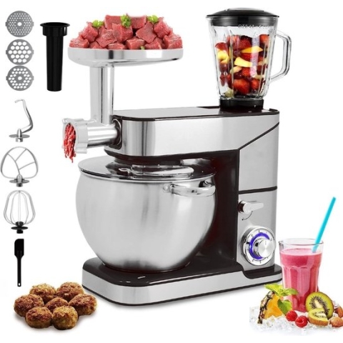 Royalty Line® PKM2500BG Keukenmachine - 2500W - Met Blender, Vleesmolen, Garde, Deeghaak, Menghaak - 10 Liter - RVS