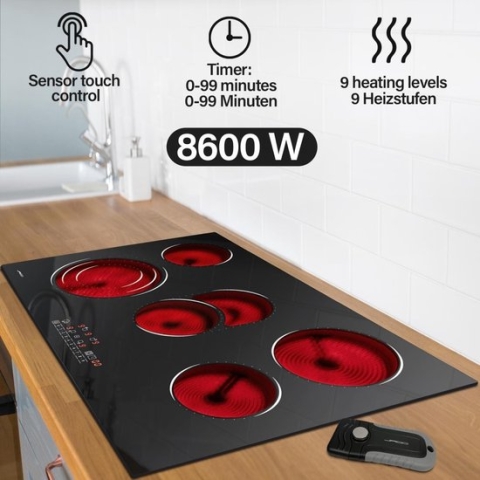 Jago - Glas Keramische kookplaat met 5 zones - Frameloos - Met Touch Control / Aanraakbediening - 8600W - 9 Vermogensniveaus - Automatische Timer - Kinderbeveiliging