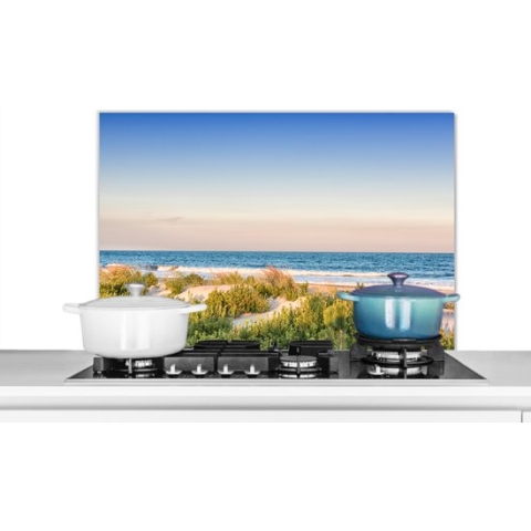 Spatscherm Keuken - Kookplaat Achterwand - Spatwand Fornuis - 80x55 cm - Strand - Planten - Licht - Aluminium - Wanddecoratie - Muurbeschermer - Hittebestendig