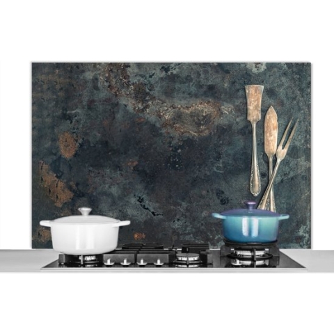 Spatscherm Keuken - Kookplaat Achterwand - Spatwand Fornuis - 120x80 cm - Keukengerei - Keukengereedschap - Vintage - Landelijk - Aluminium - Wanddecoratie - Muurbeschermer - Hittebestendig