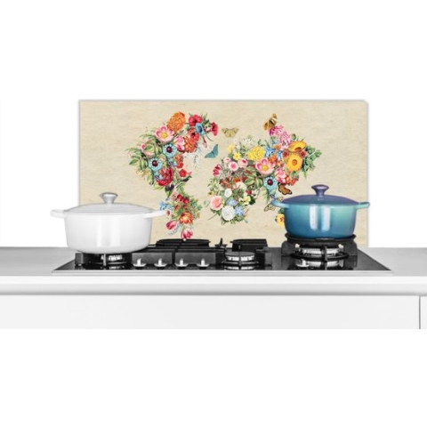 Spatscherm Keuken - Kookplaat Achterwand - Spatwand Fornuis - 90x45 cm - Kaart - Bloemen - Vintage papier - Aluminium - Wanddecoratie - Muurbeschermer - Hittebestendig