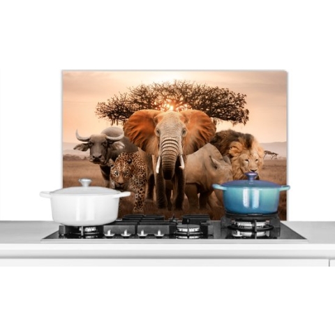 Spatscherm Keuken - Kookplaat Achterwand - Spatwand Fornuis - 90x60 cm - Dieren - Olifant - Leeuw - Aluminium - Wanddecoratie - Muurbeschermer - Hittebestendig