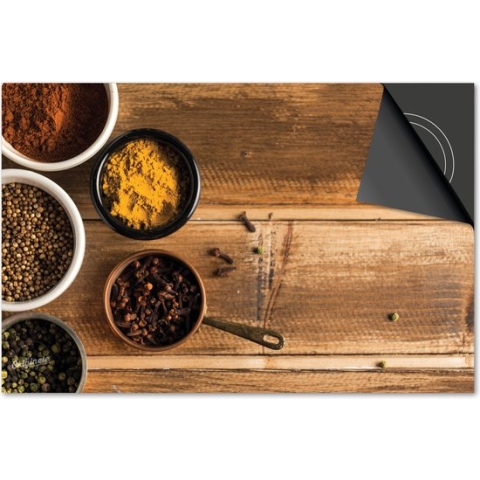 Inductie beschermer 60x60 - afdekplaat inductie mat - Dietrix Kookplaat beschermer - Exclusief - Kruiden en Lepels - Schaaltjes en kruiden op hout