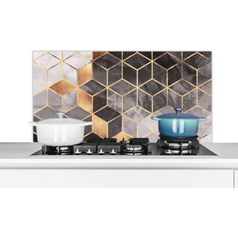 Spatscherm keuken - Luxe - Kubus - Vorm - Patronen - Goud - Abstract - Keuken - Keuken achterwand - 100x50 cm - Spatwand