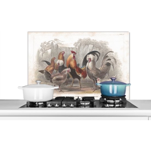 Spatscherm Keuken - Kookplaat Achterwand - Spatwand Fornuis - 90x60 cm - Illustratie van een haan en kippen op de boerderij - Aluminium - Wanddecoratie - Muurbeschermer - Hittebestendig
