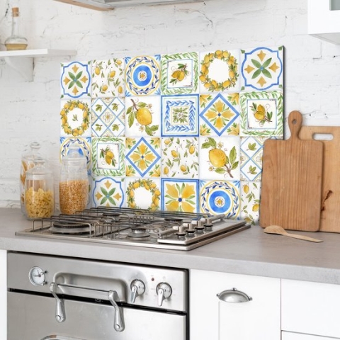 Crearreda – Metaal - Keuken achterwand – Spatscherm - Kookplaat Paneel Keuken Spatbescherming - Aluminium Metaal – Hand getekende Citroenen en blauwe print textuur - 48 x 72 cm (HxL)