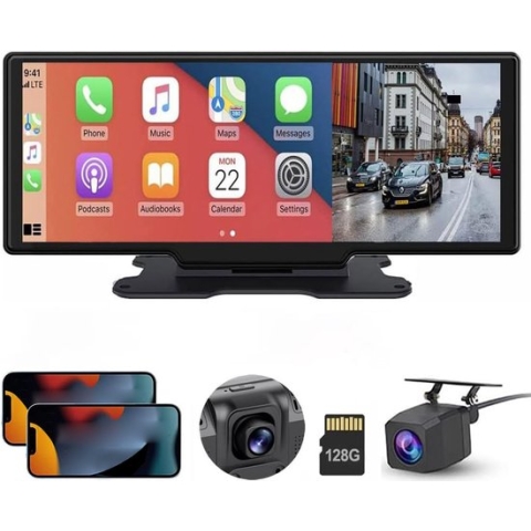 Podofo Navigatiesysteem Auto - 9 Inch - Ingebouwde Dashcam 4K - Apple Carplay en Android Auto - Incl Achteruitrijcamera - Nieuw 2023