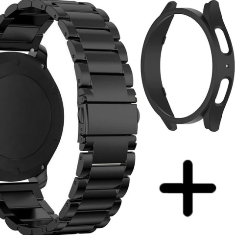 Titanium band zwart met zwarte hard case - Speciaal geschikt voor Samsung Galaxy Watch 5 Pro - Metalen bandje RVS staal kleur - Roestvrij staal schakel bandje zwart van titanium - Galaxy Watch 5 Pro hard case - zwart - hoesje - beschermhoes