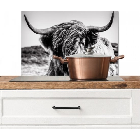 Spatscherm Keuken - Kookplaat Achterwand - Spatwand Fornuis - 60x40 cm - Koe - Schotse hooglander - Zwart - Wit - Dier - Natuur - Wild - Aluminium - Wanddecoratie - Muurbeschermer - Hittebestendig