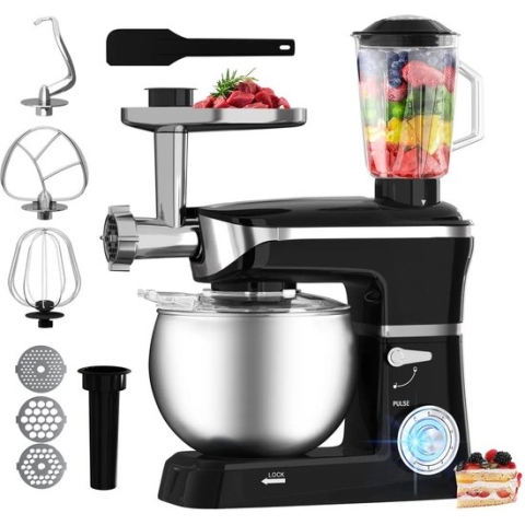 Royalty Line® PKM1900BG Keukenmachine - 1900W - Met Blender, Vleesmolen, Garde, Deeghaak, Menghaak - 6,5 Liter - Zwart
