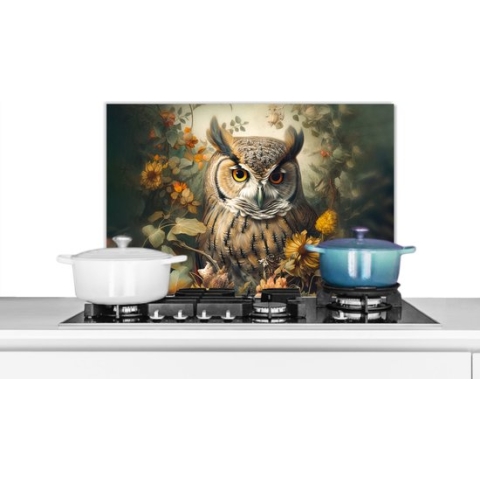 Spatscherm Keuken - Kookplaat Achterwand - Spatwand Fornuis - 60x40 cm - Uil - Vogels - Bloemen - Natuur - Aluminium - Wanddecoratie - Muurbeschermer - Hittebestendig