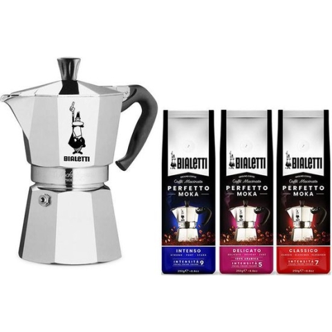 Bialetti Moka Express Percolator 6 kops + Bialetti koffiepakket