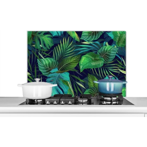 Spatscherm Keuken - Kookplaat Achterwand - Spatwand Fornuis - 90x60 cm - Bladeren - Illustratie - Tropisch - Meisjes - Kinderen - Jongens - Aluminium - Wanddecoratie - Muurbeschermer - Hittebestendig