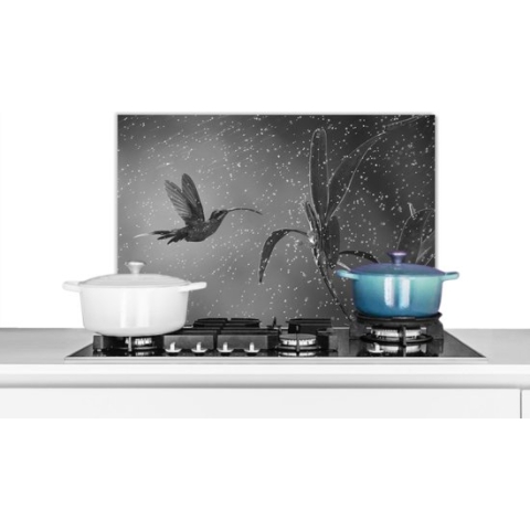 Spatscherm Keuken - Kookplaat Achterwand - Spatwand Fornuis - 60x40 cm - Kolibrie in de regen in de natuur van Costa Rica in zwart wit - Aluminium - Wanddecoratie - Muurbeschermer - Hittebestendig