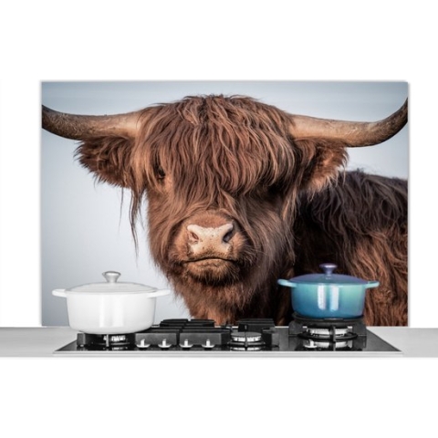 Spatscherm Keuken - Kookplaat Achterwand - Spatwand Fornuis - 120x80 cm - Schotse hooglander - Dieren - Bruin - Aluminium - Wanddecoratie - Muurbeschermer - Hittebestendig