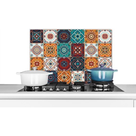 Spatscherm Keuken - Kookplaat Achterwand - Spatwand Fornuis - 70x50 cm - Retro - Bladeren - Design - Oranje - Bruin - Aluminium - Wanddecoratie - Muurbeschermer - Hittebestendig